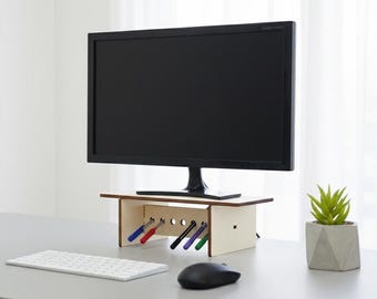 Modern Office Monitor Lift: Ergonomic Screen Desk Stand with Pen Holder