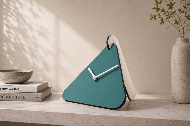 Triangular Table Clock Modern Turquoise Wooden Triangle Desk Clock: Silent Minimalist ...