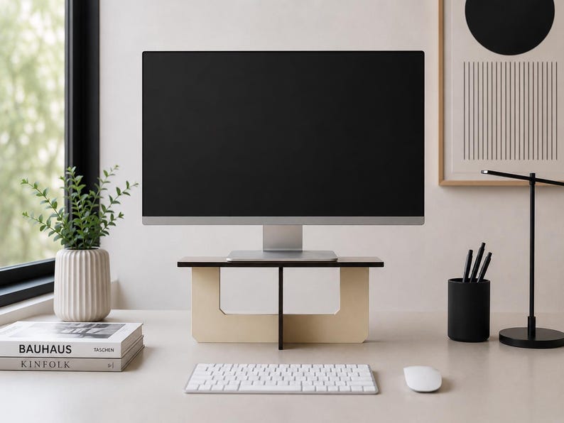 Laser Cut Wooden Monitor Riser: Modern Desk Organizer