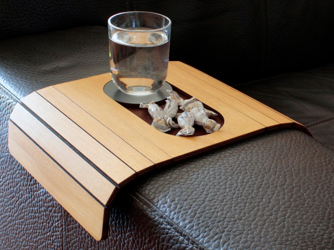 Flexible Wooden Sofa Table With Coaster and Snacks Holder for Armrest