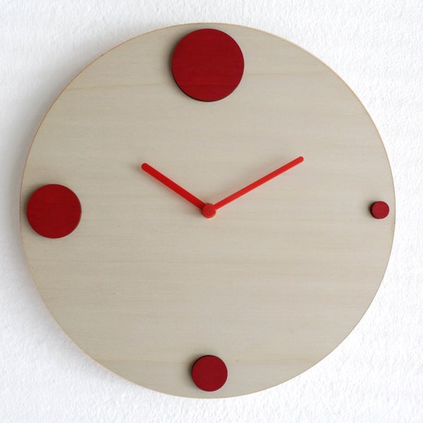 11" Modern Italian design, small quiet wooden poplar clock for living room or office. No ticking, minimalist little timekeeper for bedroom