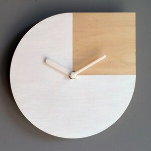 11" Small Laser Cut Wood Noiseless Wall Clock for Bedroom, White and Natural Wood, No Ticking, Silent Timepiece, Unique Asymmetric Decor