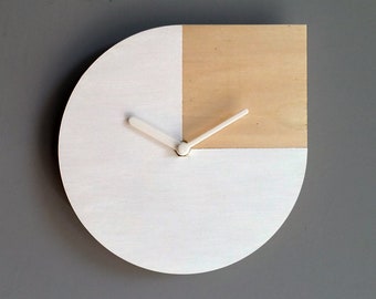 11" Small Laser Cut Wood Noiseless Wall Clock for Bedroom, White and Natural Wood, No Ticking, Silent Timepiece, Unique Asymmetric Decor