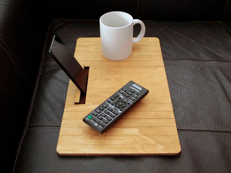 Original Italian Oak Wood Sofa Arm Tray with Phone Holder
