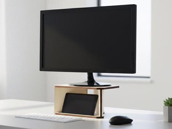 Laser Cut Wood Monitor Stand Riser: Multimedia Desktop Organizer