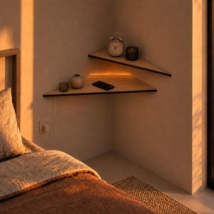 May include: Two triangular floating corner shelves made of light-colored wood with black edges. The lower shelf features integrated warm LED lighting, a small dark glass, a round ceramic vase, and a black smartphone connected to a white power cord.