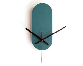 Minimalist very small wooden quiet teal wall clock for living room, No ticking wood tiny silent bedroom timekeeper, Cool Italian design