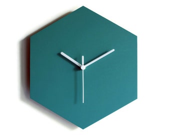 11" Contemporary Turquoise Hexagonal Wall-Mounted Clock for Living Room, Small, Quiet and Geometric Design, No Ticking Hanging Timepiece