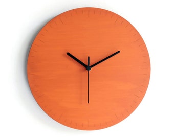 11" Minimalist small wooden orange wall clock without sound, No ticking wood modern design tiny silent clocks with marks and second hand