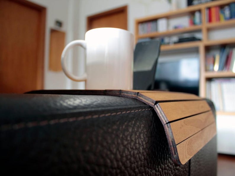 Original Italian Oak Wood Sofa Arm Tray with Phone Holder