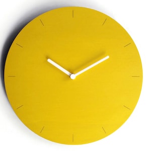 11" Small Quiet Yellow Wood Wall Clock for Kitchen - Simple and Trendy Italian Design with No Ticking - Little Open Face Classic Clock