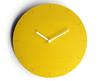 11" Small Quiet Yellow Wood Wall Clock for Kitchen - Simple and Trendy Italian Design with No Ticking - Little Open Face Classic Clock