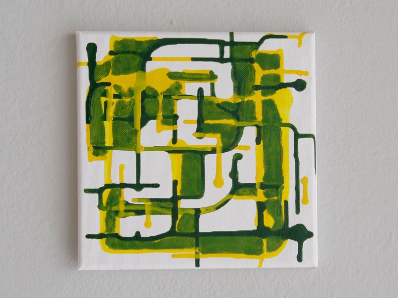 Italian Small Handpainted Abstract Art White, Yellow and Green Acrylic