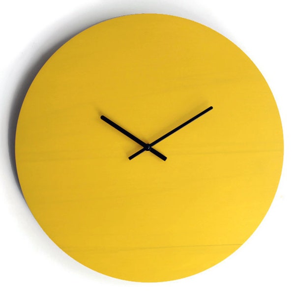 16,5" Large Quiet Yellow Wood Wall Clock for Kitchen, Simple, Wide, and Trendy Italian Design with No Ticking, Big Open Face Timekeeper