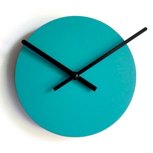 7" Minimalist very small wooden quiet turquoise timekeeper for kitchen, No ticking wood modern design round tiny silent time clocks