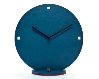 Wooden Silent Analog Desk and Wall Clock in teal for Hallway - No Ticking, Round, and Wooden Minimalist Italian Design Table Timekeeper