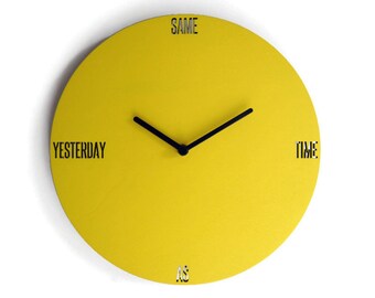 11" Minimalist Small Wooden Wall Clock - Quiet Yellow Design with "Same Time as Yesterday" Ironic Phrase - No Ticking, Modern & Round