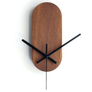 Minimalist very small wooden quiet dark walnut wall clock for living room, No ticking wood refined design cool tiny silent wood timekeeper