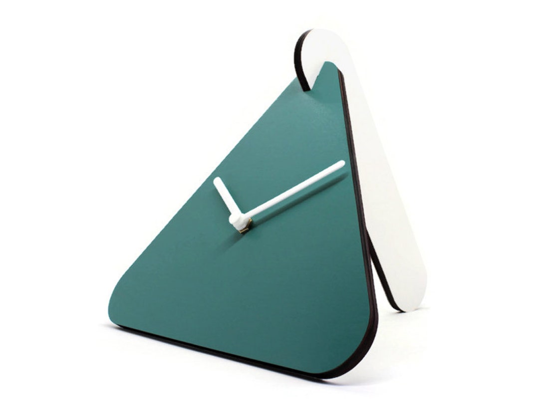 Modern Triangular Wooden Desk Clock in Turquoise for Bedroom and Living Room Silent Analog Table