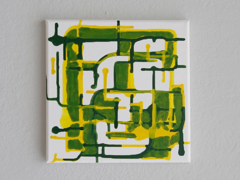 Italian Small Handpainted Abstract Art White, Yellow and Green Acrylic