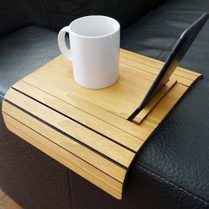 THE ORIGINAL Flexible Wood Sofa Armrest Tray Pine Couch Smartphone Holder Modern Over Couch Organizer Sleek Living Room Compact Furniture