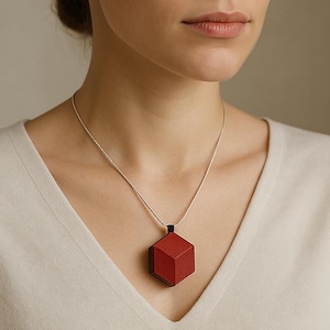 Wooden Pendant Necklace Handmade Cube Effect Minimalist Hand Painted Italian Womens Jewelry Fashion Accessory Modern Stylish Gift Idea