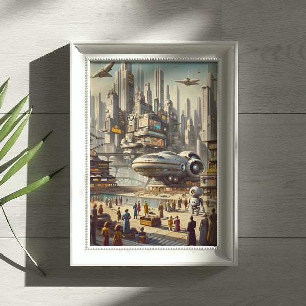 Retro-Futurist Spaceport - Printable Wall Art, Digital Product, Retrofuturism, Space Age, Atomic Era, Space Journey, Robot, Giant Creature