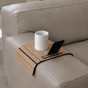 Oak Wood Sofa Arm Tray with Phone Holder, Original Italian Couch Table