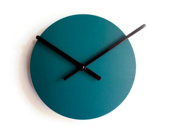 7" Minimalist very small wooden quiet teal timekeeper for kitchen, No ticking wood modern design round tiny silent office time piece