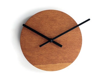 7" Minimalist very small wooden quiet light walnut wall clock for kitchen, No ticking wood modern design round tiny silent office timekeeper