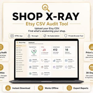 Puede incluir: Un ordenador portátil que muestra el panel de control de la herramienta de auditoría CSV de Etsy Shop X-Ray. La interfaz presenta una puntuación de salud de la tienda, análisis de listados y funciones como Listing Audit, TagAtlas y Price Ladder.