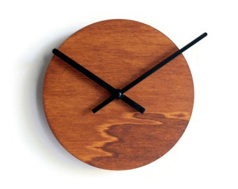 7" Minimalist Very Small Wooden Quiet Dark Walnut Wall Clock for Kitchen - No Ticking Wood Modern Design, Round Tiny Silent Office Clocks