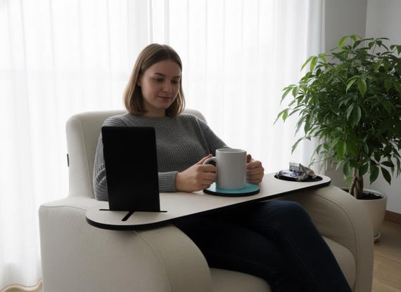 Wooden Armchair Tray: Tablet Stand, Drink Coaster, Organizer, Gifts for Couples Who Have Everything
