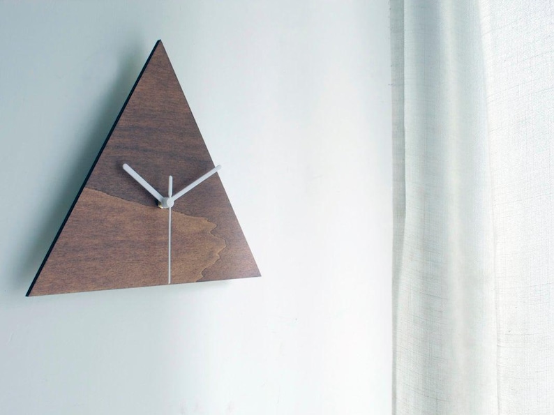 12 Inch Dark Walnut Geometric Wood Triangle Clock: Modern Minimalist Wall Decor