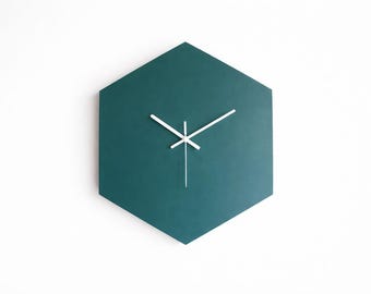 15 Inch Teal Geometric Wooden Entry Clock: Hexagonal Silent Wall Timepiece for Living Room