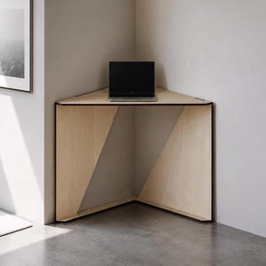 Laser Cut Poplar Plywood Compact Corner Desk, Minimalist Italian Workstation, Small Space Laptop Table
