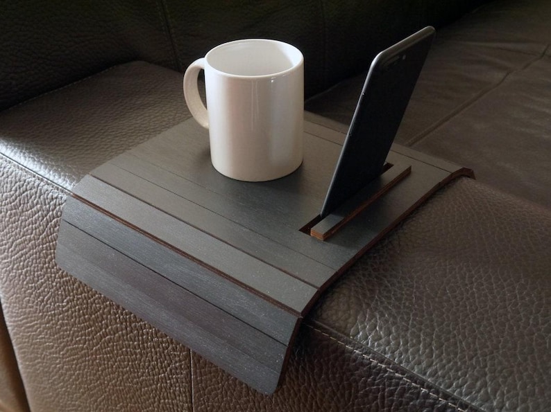 Original Italian Oak Wood Sofa Arm Tray with Phone Holder