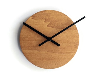 7" Minimalist very small wooden quiet oak wall clock for living room, No ticking wood modern design round tiny silent office timekeeper