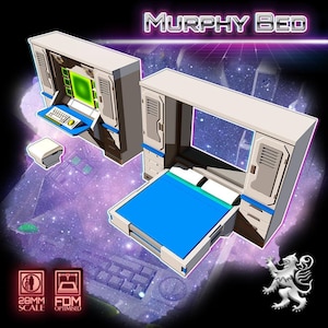 May include: A 28mm scale FDM optimized Murphy bed miniature set featuring two configurations: one with a computer console and keyboard, and another with a deployed bed frame with blue bedding. The text MURPHY BED is displayed at the top.