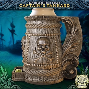 May include: A bronze-colored Captain's Tankard can holder and dice tower. The tankard features a skull and crossbones design, rope detailing, and the text "CAPTAIN'S TANKARD". A treasure chest is visible at the base. The background shows a sunken ship.
