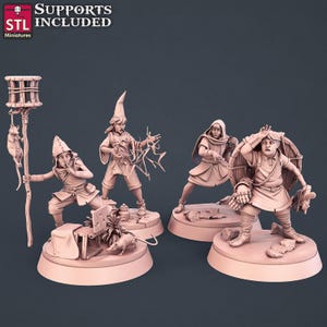 May include: A collection of pink miniature figurines depicting fantasy characters in dynamic poses. One figure holds a staff with a cage and a mouse, while another appears to cast a spell. The text "SUPPORTS INCLUDED" and "STL Miniatures" is visible.