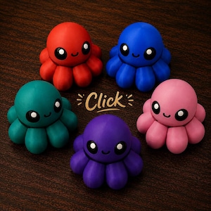 May include: Five small octopus figurines in red, blue, teal, purple, and pink. Each octopus has a smooth, rounded head, multiple rounded tentacles, and a printed face with large black eyes and a small smile. The word Click is centered.