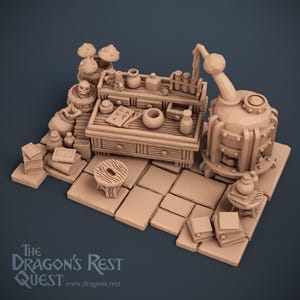 May include: A detailed, beige-colored miniature fantasy scene featuring a desk with vials, books, and a skull, alongside a large still and other alchemical equipment. The scene is set on a tiled floor.