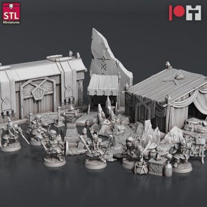 Puede incluir: Una colección de figuras y estructuras de fantasía en miniatura, que incluye edificios, tiendas de campaña y terreno rocoso. Las figuras están posadas en varias posturas de acción, y las estructuras tienen detalles arquitectónicos. La escena general se representa en una paleta de colores neutros.