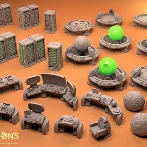 May include: A collection of miniature sci-fi gaming terrain pieces including server racks, control consoles, circular holographic projectors with green spheres, and spherical planet models. The set features detailed computer terminals and chairs.