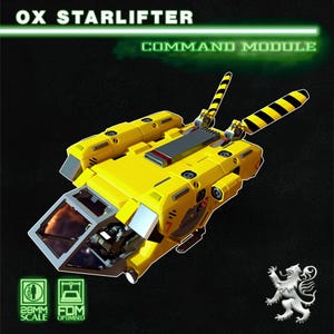 May include: A yellow and black OX STARLIFTER COMMAND MODULE model. The model has a cockpit, two angled wings with black and yellow stripes, and a detailed design. The image also includes text that says "28MM SCALE" and "FDM OPTIMISED".