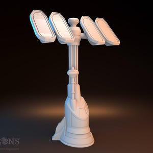 May include: A white, futuristic-looking sculpture with a tall, central column and four angled, rectangular panels. The base is rounded and detailed. The sculpture has a clean, modern aesthetic, with a smooth, matte finish.