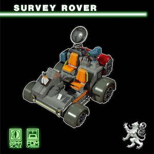 May include: A gray and orange Survey Rover model with a radar dish, two orange seats, and large wheels. The text "SURVEY ROVER" is above the vehicle. The model is labeled as 28mm scale and FDM optimized.