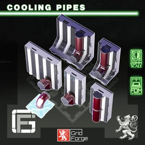 May include: A collection of 3D-printed cooling pipes, featuring a mix of rectangular and cylindrical components in shades of gray and maroon. The image includes the text "COOLING PIPES" and logos for "Grid Forge" and "28mm Scale".