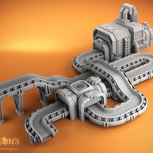 May include: A gray industrial model with conveyor belts and machinery. The model features multiple levels and a complex design, with a curved conveyor system and a large central processing unit. The background is a gradient of orange.